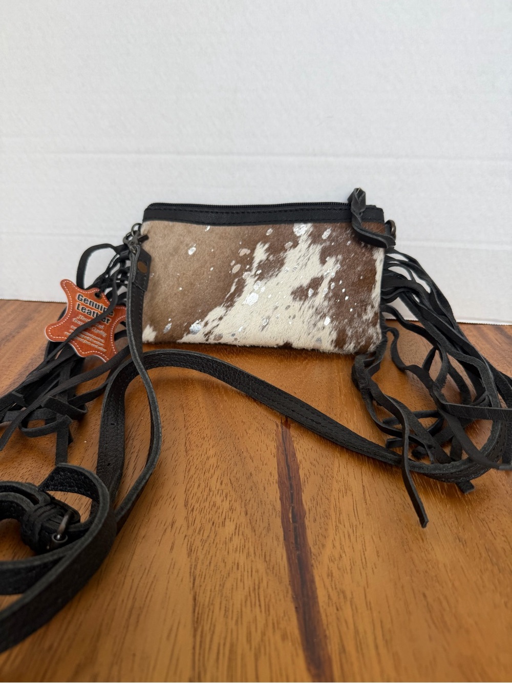 American Darling Brown & White Cowhide Fringe Crossbody Bag